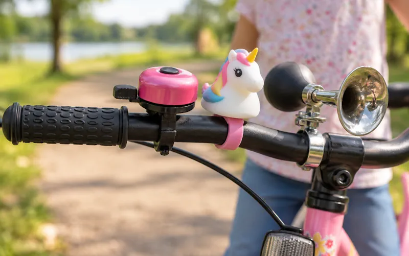 Tres timbres de bicicleta infantil instalados en el manillar